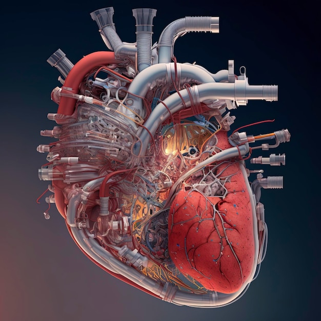 Mechanical heart, exploded cutaway infographic of a human
heart, octane render, atmospheric lighting