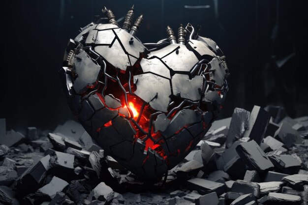 The mechanical heart shatters into pieces Art of a human heart in the industrial style Generative AI illustration