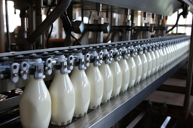 Photo mechanical milk bottle conveyor generate ai