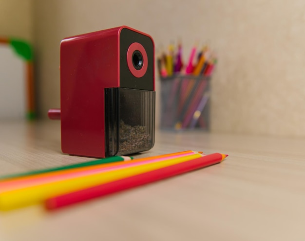 Mechanical pencil sharpener on the table preparation of school stationery for study