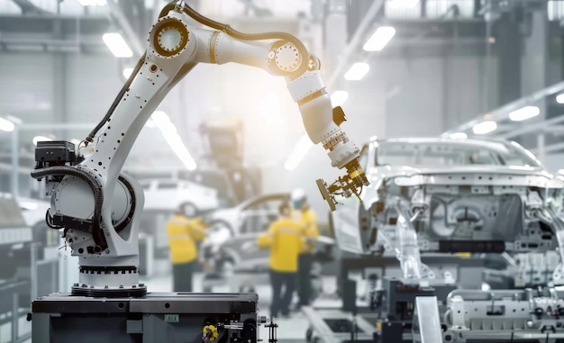 A mechanical robotic arm builds cars in a factory Automation Manufacturing Industrial concept
