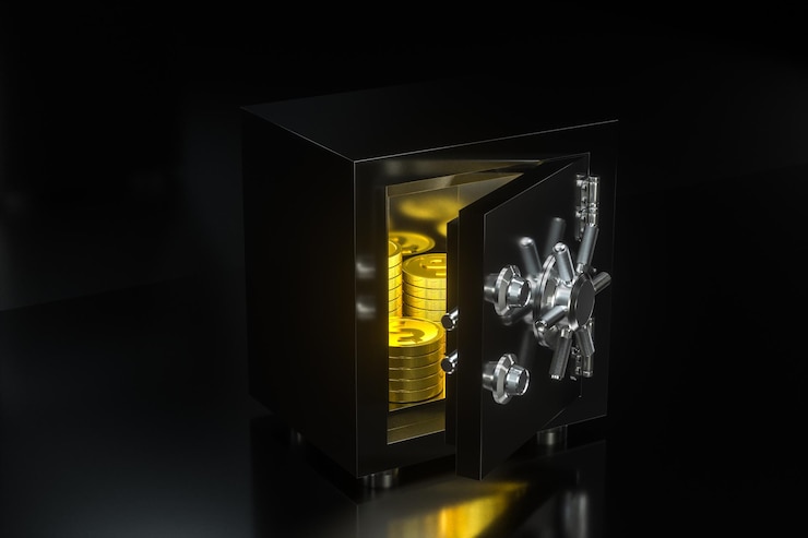 Photo 3 d レンダリング内の光沢のある黄金のコインと機械の金庫