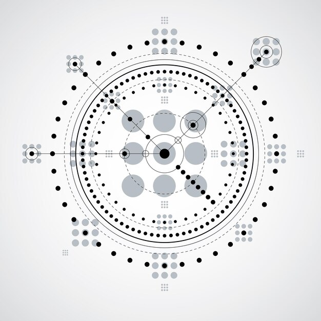 Photo mechanical scheme, monochrome vector engineering drawing with circles and geometric parts of mechanism. technical plan can be used in web design and as wallpaper.