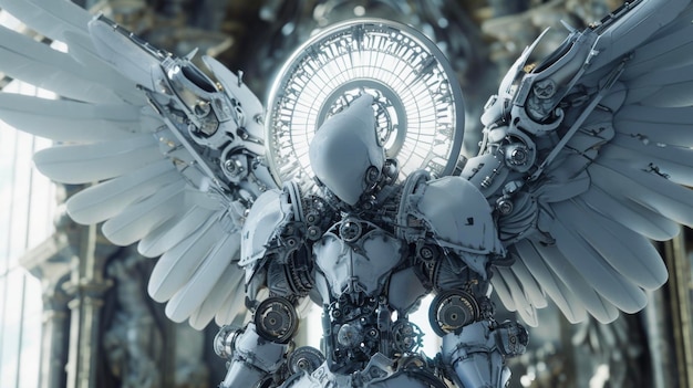 Photo a mechanical seraph with a body made of clockwork gears and a halo that shifts and changes colors