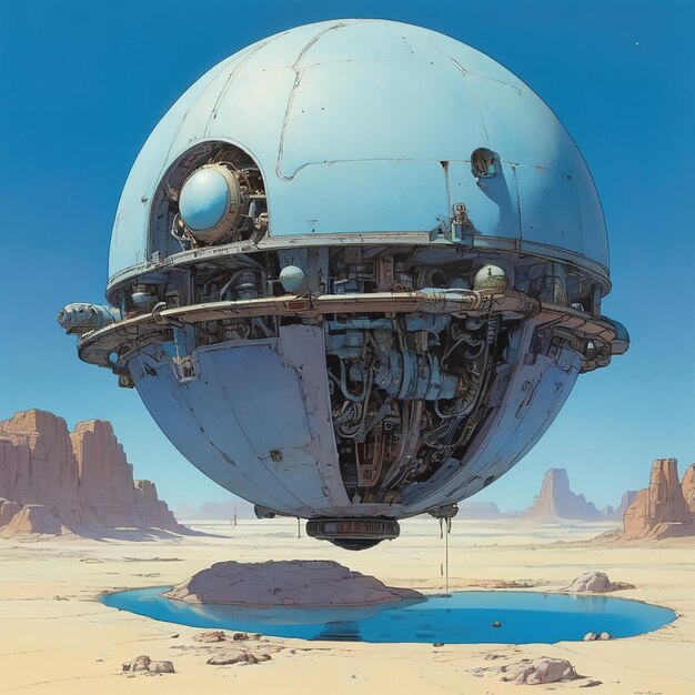 A mechanical sphere floating over a blue desert Moebius by leonardo AlbedoBase XL