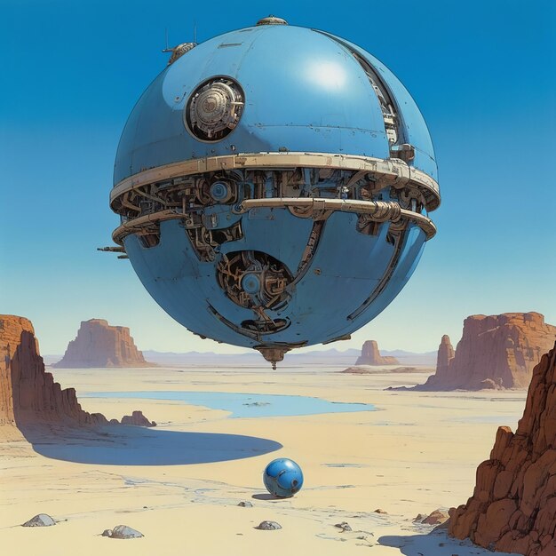 Foto una sfera meccanica che galleggia sopra un deserto blu moebius di leonardo albedobase xl