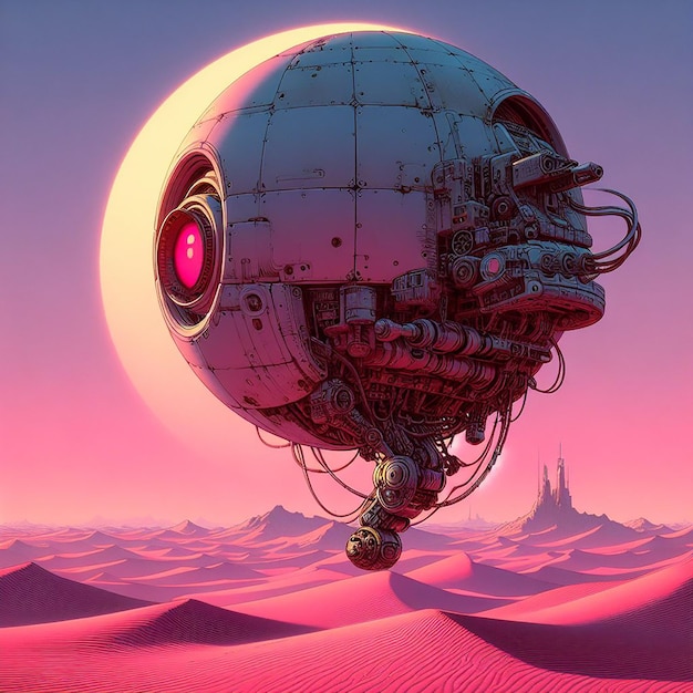 A mechanical sphere floating over a pink desert Moebius by Bing 8