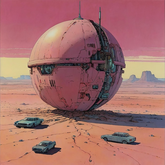 Foto una sfera meccanica che galleggia sopra un deserto rosa moebius di leonardo albedobase xl