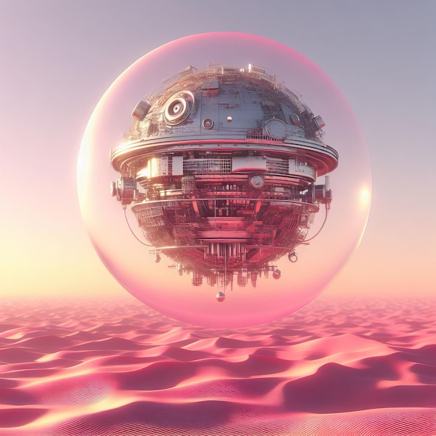 Photo mechanical sphere floating over a pink desert