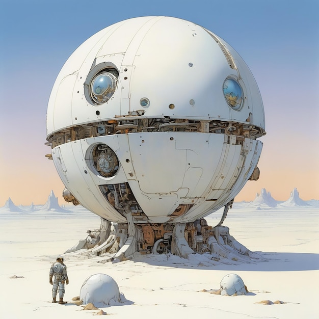 Foto una sfera meccanica che galleggia sopra un deserto bianco moebius di leonardo albedobase xl