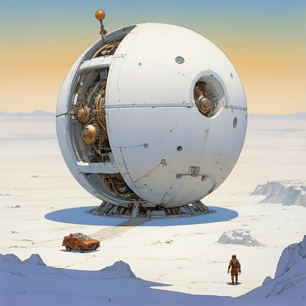 Foto una sfera meccanica che galleggia sopra un deserto bianco moebius di leonardo albedobase xl