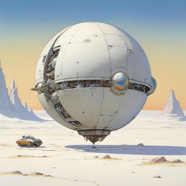 A mechanical sphere floating over a white desert Moebius by leonardo AlbedoBase XL