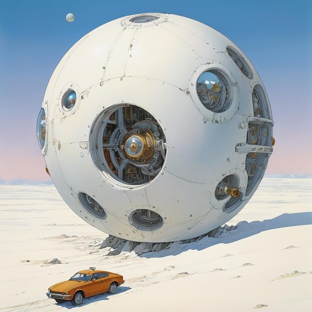 A mechanical sphere floating over a white desert Moebius by leonardo AlbedoBase XL