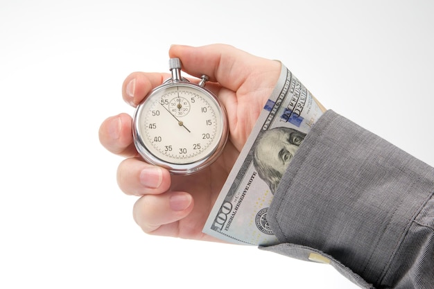 Mechanical stopwatch and dollars in man hand Part time accuracy for business business and finance time