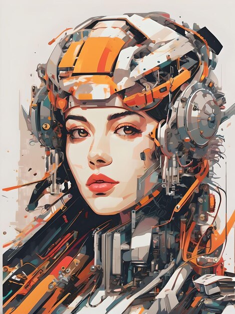 사이버네틱 소녀의 기계적 추상적인 초상화