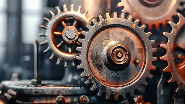 Механическая совместная работа и точность в крупном плане зубчатых колес, символизирующих сложную работу промышленных машин