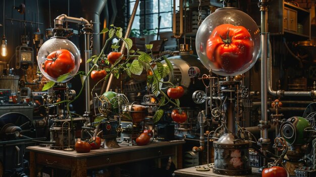 Mechanical tomato plant full of complex gadgets in a steam punk laboratory with electrical power machines