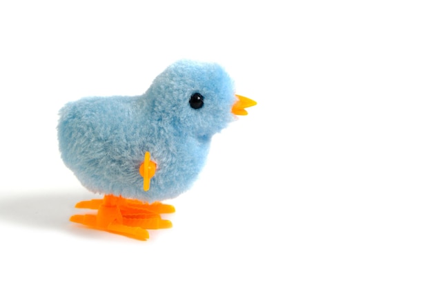 Mechanical toy chicken in blue color on a white background.