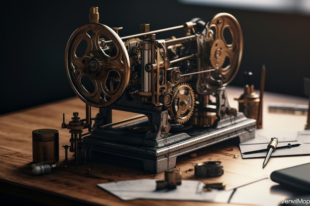 A mechanical typewriter sits on a wooden table with the words'the machine'on it.