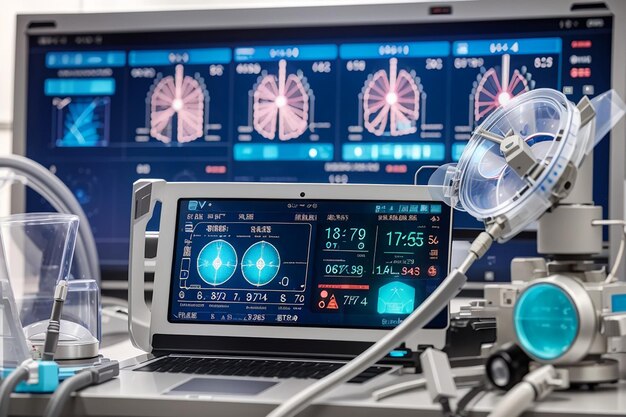 Mechanical ventilation equipment screen over equipment pneumonia diagnosting ventilation of the lungs with oxygen covid19 and coronavirus identification pandemic