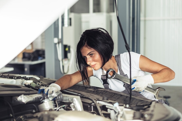 Mechanical woman repairing car