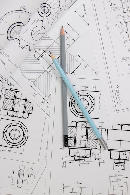 Mechanics engineering drawings and pencils