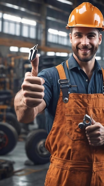 Mechanics holding spanner and showing thumbs up