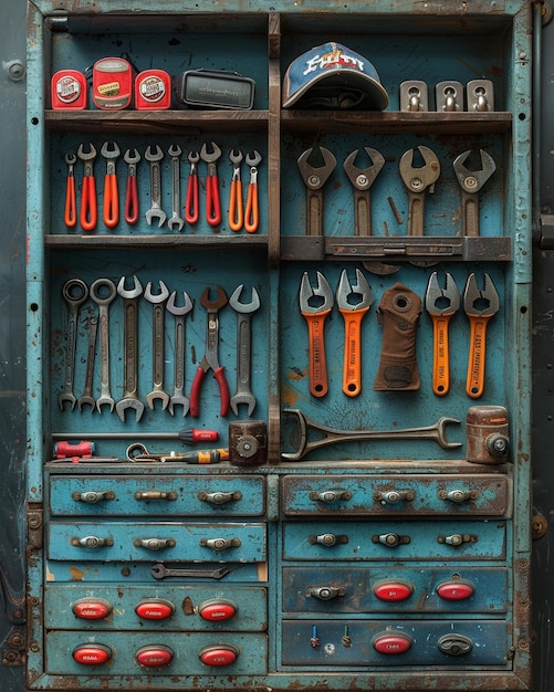 Photo a mechanics toolbox with wrenches sockets background