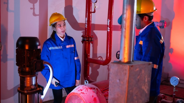 Mechanisch ingenieursteam inspecteert kwaliteitswater- en brandsystemen in het gebouw Kamer van waterpomp en pijpleidingwatertank