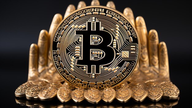 Mechanische Might Giant Hand grijpen een gouden Bitcoin