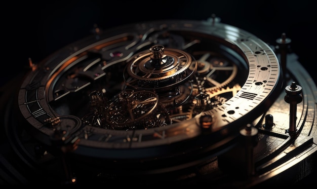 Mechanism of an oldfashioned clock Delicate gears of clockwork close up Generative AI