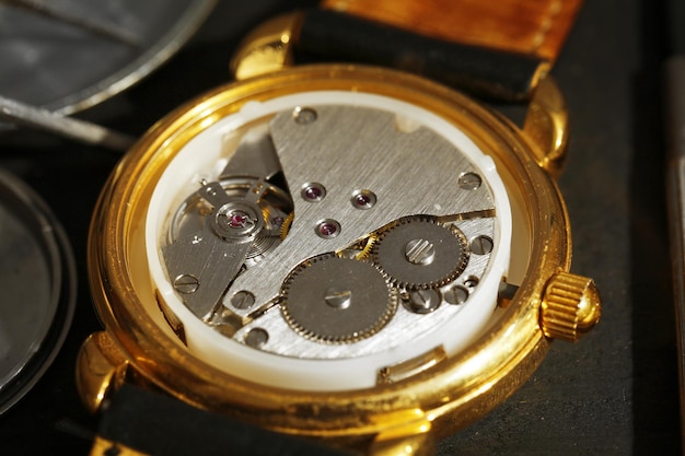 Mechanism of retro watch closeup