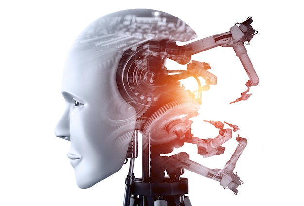 mechanized industry cyborg robot and robotic arms in future factory