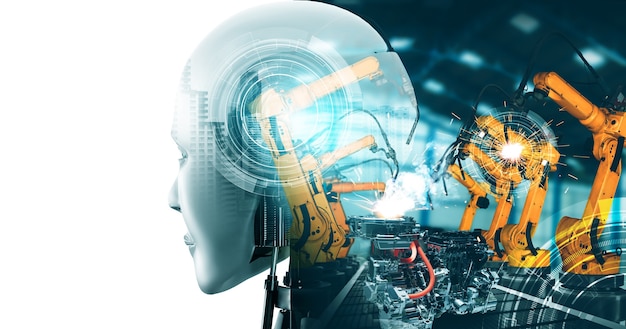 mechanized industry cyborg robot and robotic arms in future factory