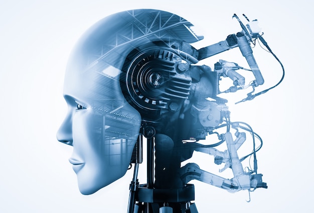 mechanized industry cyborg robot and robotic arms in future factory