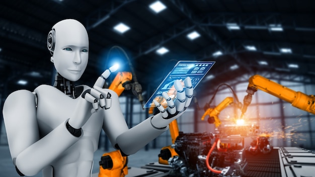 공장 생산시 조립을위한 기계화 산업 로봇 및 로봇 팔.
