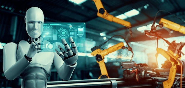 공장 생산에서 조립을 위한 기계화된 산업용 로봇 및 로봇 팔.