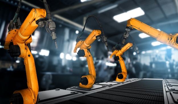 工場の生産ラインで組み立てるための機械化された産業用ロボットアーム
