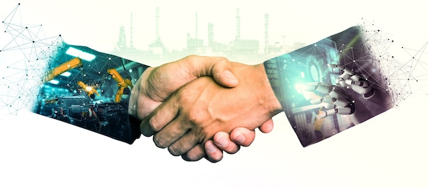 Mechanized industry robot arm and business handshake double exposure