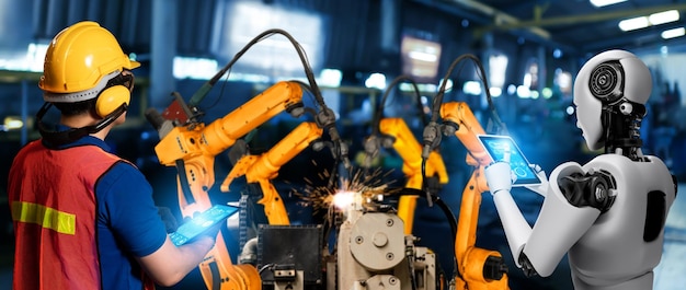 mechanized industry robot and human worker working together in future factory