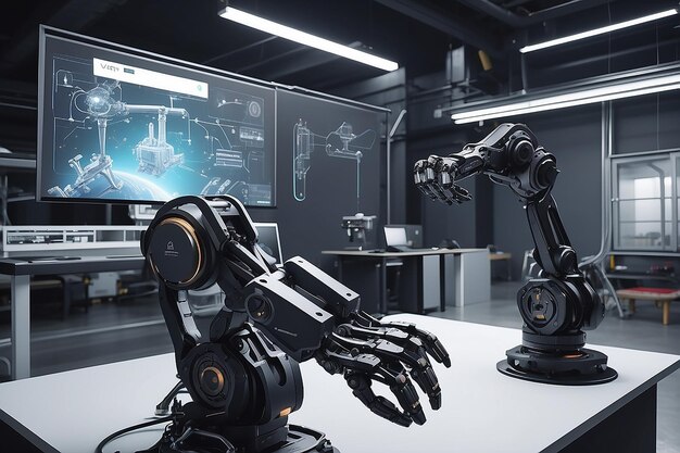 Mechanized industry robot and human worker working together in future factory