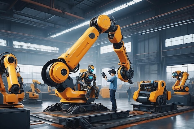 機械化された産業のロボットと人間労働者が 未来の工場で一緒に働いています
