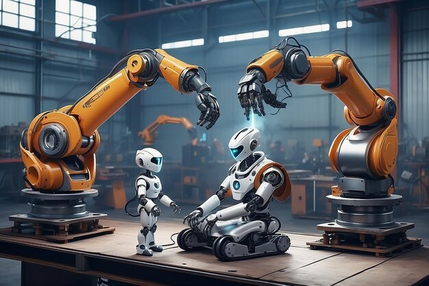 Mechanized industry robot and human worker working together in future factory