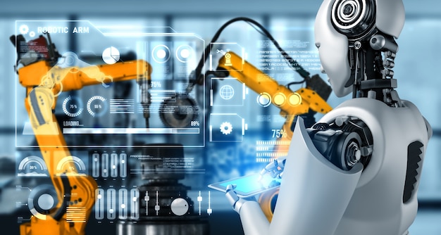Робот механизированной промышленности и роботизированные манипуляторы для сборки в заводском производстве.