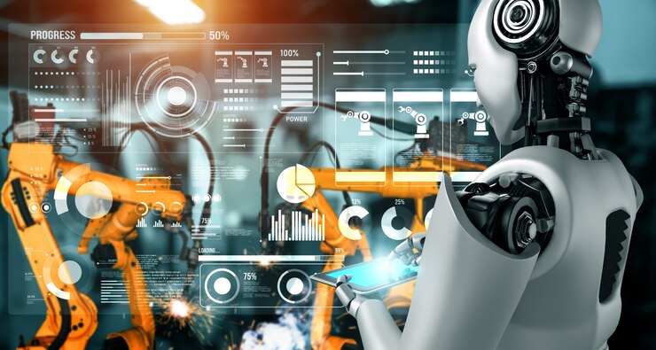 Photo mechanized industry robot and robotic arms for assembly in factory production .