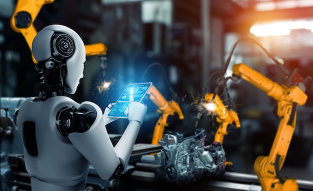 工場生産で組み立てるための機械化された産業用ロボットとロボットアーム。