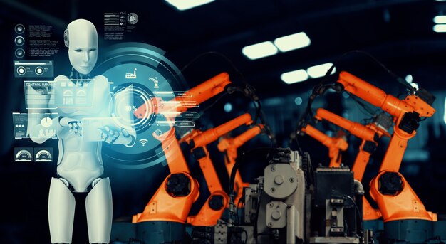 Mechanized industry robot and robotic arms for assembly in factory production .