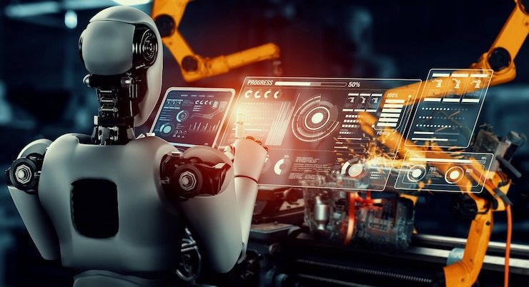 Photo mechanized industry robot and robotic arms for assembly in factory production .