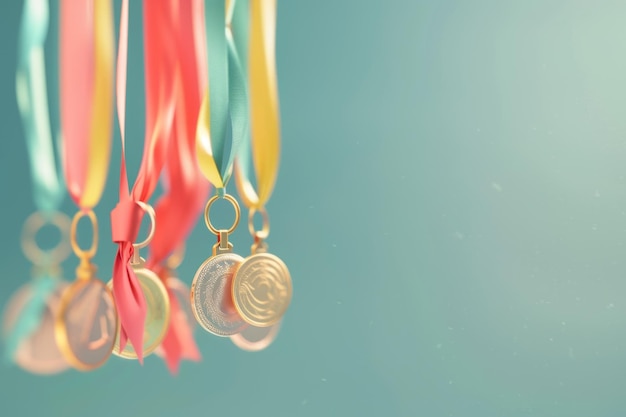 Medailles en lint Met een collectie medailles die aan kleurrijke lintjes hangen