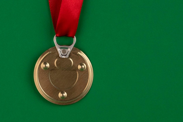 The medal is made from a tin can lid with a red award ribbon on a green background Antimedal